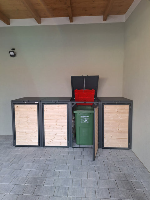 BIO Stefan Holzmichl Mülltonnenbox 4er 240l in Anthrazit mit Holzfront, mittlere Box geöffnet mit grüner Altpapiertonne