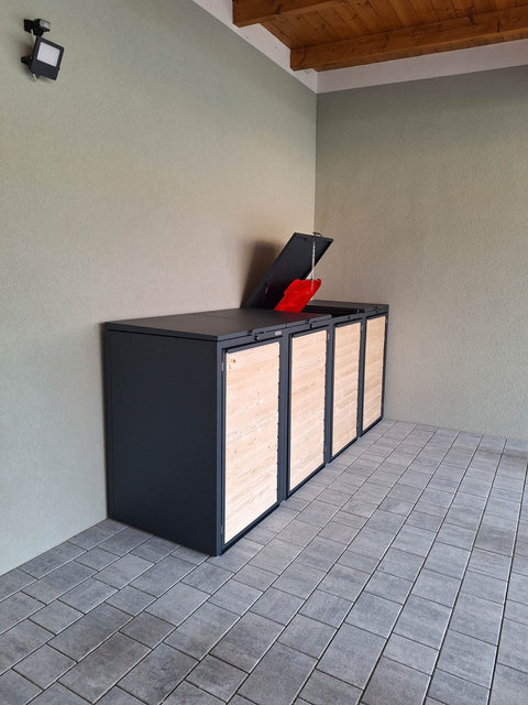 BIO Stefan Holzmichl Mülltonnenbox 4er 240l in Anthrazit mit Holzfront, ein Deckel geöffnet