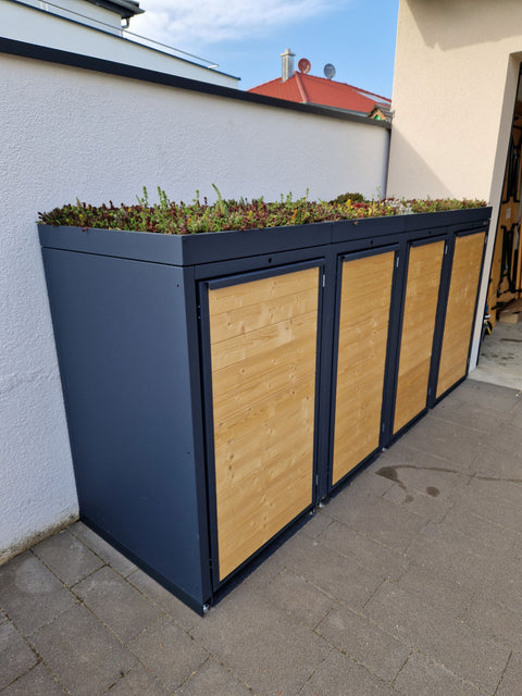 BIO Stefan Holzmichl Mülltonnenbox 4er Kombination 120l 240l, anthrazit mit Holzfront und bepflanztem Pflanzdach
