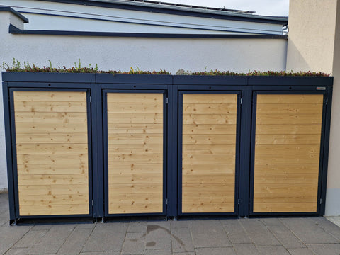 BIO Stefan Holzmichl Mülltonnenbox 4er Anthrazit mit Holzfront, 120l 240l Kombination und Pflanzdach