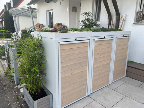Holzmichl 3er Mülltonnenbox in Reinweiss mit Pflanzdach für 240L