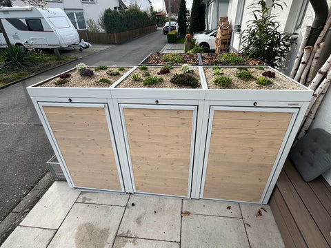 Holzmichl 3er Mülltonnenbox in Reinweiss mit Pflanzdach für 240L