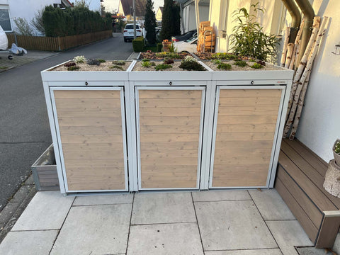 Holzmichl 3er Mülltonnenbox in Reinweiss mit Pflanzdach für 240L