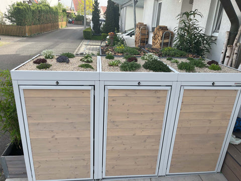 Holzmichl 3er Mülltonnenbox in Reinweiss mit Pflanzdach für 240L