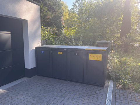 Mülltonnenbox Stahlfred 3er Kombination mit Paketbox in Anthrazit