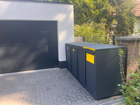 Mülltonnenbox Stahlfred 3er Kombination mit Paketbox in Anthrazit