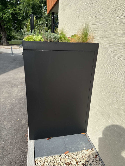 BIO Stefan Stahlfred Mülltonnenbox 3er 240l in Schwarz RAL 9005 Seitenansicht mit Pflanzdach auf Plattenstreifen an der Fassade