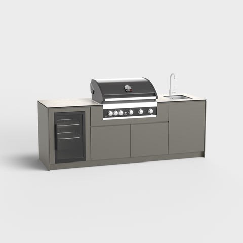 Outdoorküche Mia mit Kühlschrank, Grill und Spüle in RAL7039.
