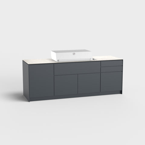 Gray outdoor kitchen Mia with cabinet, grill, and drawer, RAL7016.