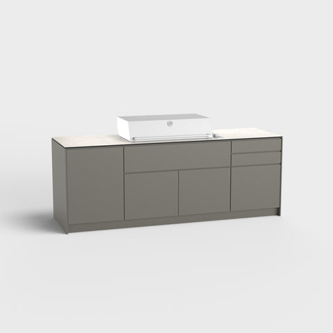 Outdoor kitchen Mia with RAL 7039 cabinet, grill, and drawers.