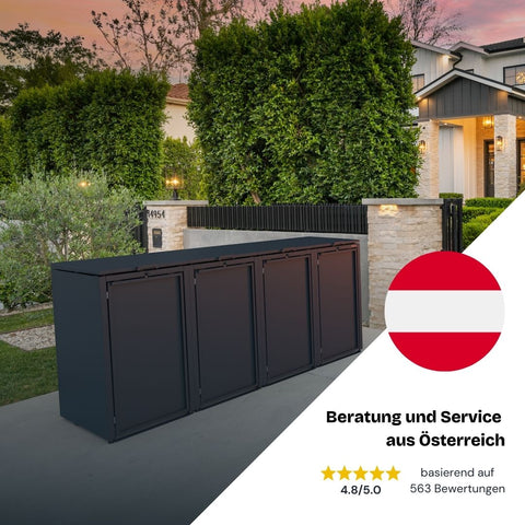 Mülltonnenbox Stahlfred in modernem Design, entwickelt in Österreich, vor einem Haus.