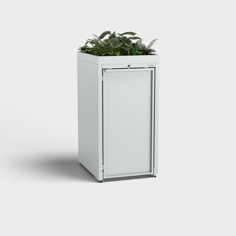 Cutie pentru pubele Stahlfred RAL 7035 cu acoperiș pentru plante.
