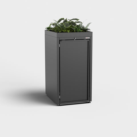 Cutie pentru pubele Stahlfred neagră cu acoperiș pentru plante și vopsire RAL9005.