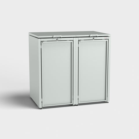 Zweier Mülltonnenbox Stahlfred in RAL7035 Grauton.