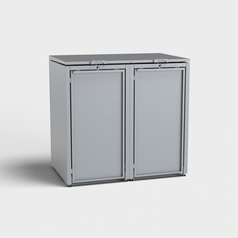 Graue Stahlfred Mülltonnenbox von BIO Stefan mit zwei Türen.