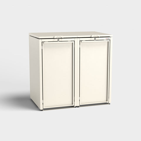 Zweier Stahlfred Mülltonnenbox in RAL9001 Cremeweiß.