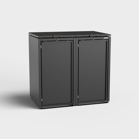 Schwarze Stahlfred Mülltonnenbox für zwei Tonnen, RAL9005.