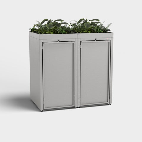 Zweiteilige Stahlfred-Mülltonnenbox RAL 9007 mit Pflanzdach.