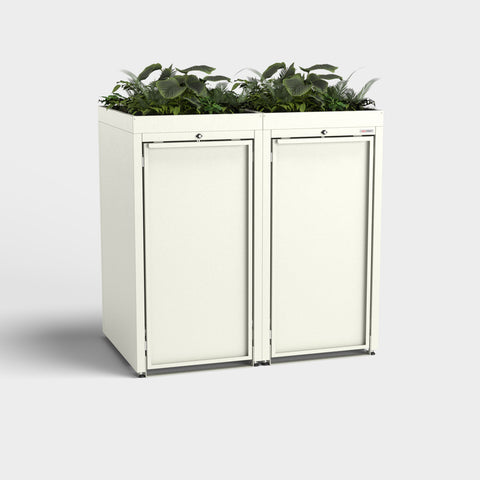 Zweifarbige Stahlfred Mülltonnenbox mit Pflanzdach RAL 9010.