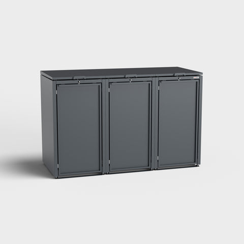 Box pour poubelles "Stahlfred 3" en métal RAL 7016 gris anthracite, avec trois compartiments.