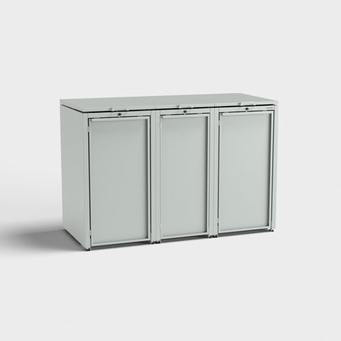 Stahlfred Mülltonnenbox für drei Tonnen in RAL 7035.