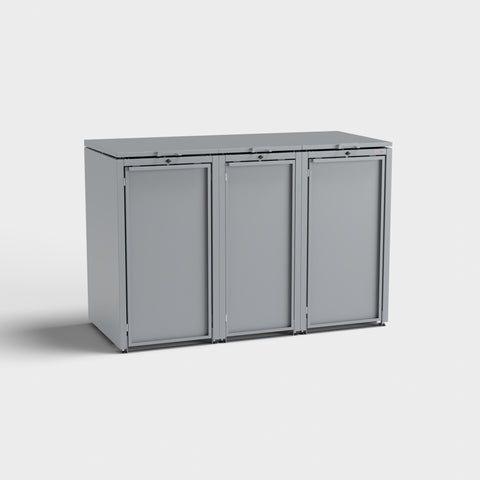 Dreiteilige graue Mülltonnenbox Stahlfred, Modell RAL7045.