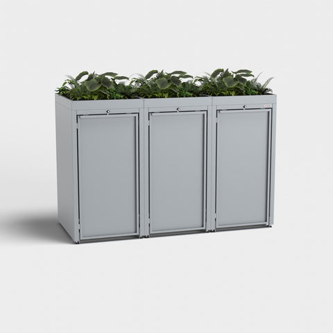 Skraldespandsskab Stahlfred 3er RAL7045 med plante tag.