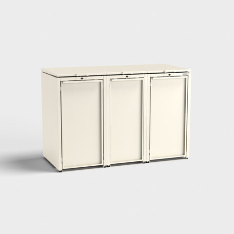 Stahlfred 3er Mülltonnenbox in Cremeweiß RAL 9001 vor weißem Hintergrund.