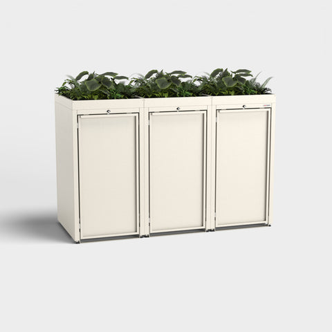 Tredobbelt Stahlfred-skraldespandsskab RAL9001 med plante tag.