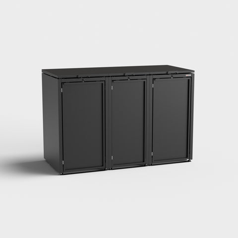 Schwarze Mülltonnenbox Stahlfred 3er, RAL9005, freistehend.