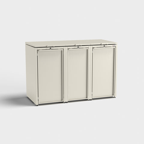 Stahlfred weiß, dreiteilige Mülltonnenbox.