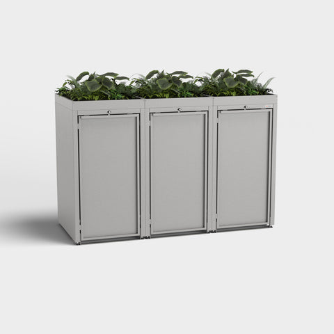 Stahlfred 3er skraldespandsskab RAL 9007 med plante tag.