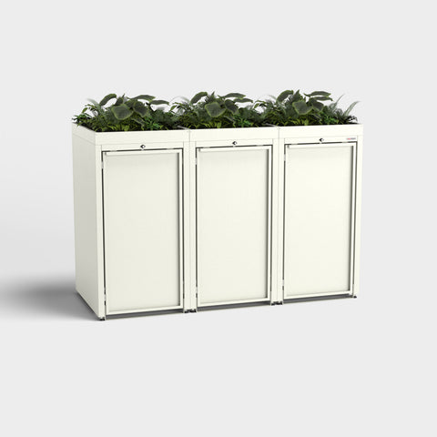 Hvid 3-skraldespandsskab med plante tag fra Stahlfred.