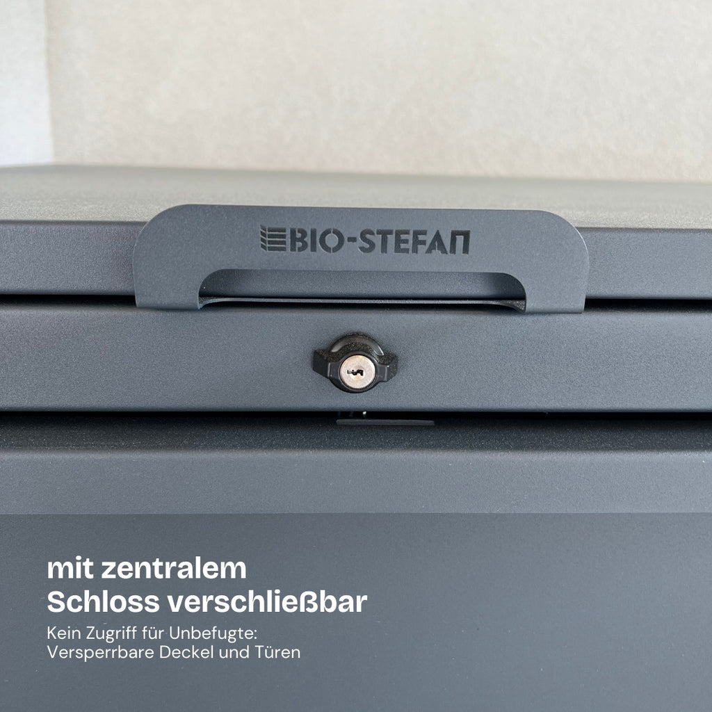 Bio-Stefan Mülltonnenbox Stahlfred mit zentralem Schloss.