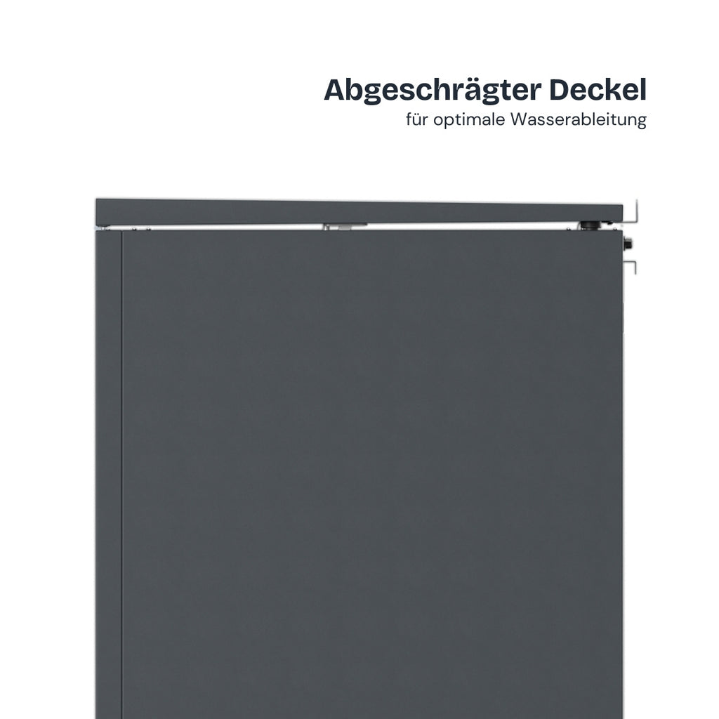 Stahlfred Mülltonnenbox mit abgeschrägtem Deckel für optimale Wasserableitung.