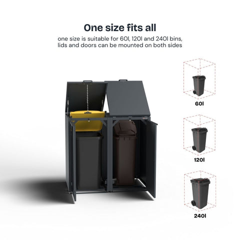 Garbage can box Stahlfred for 60L, 120L and 240L garbage cans with side-mounted lids and doors.