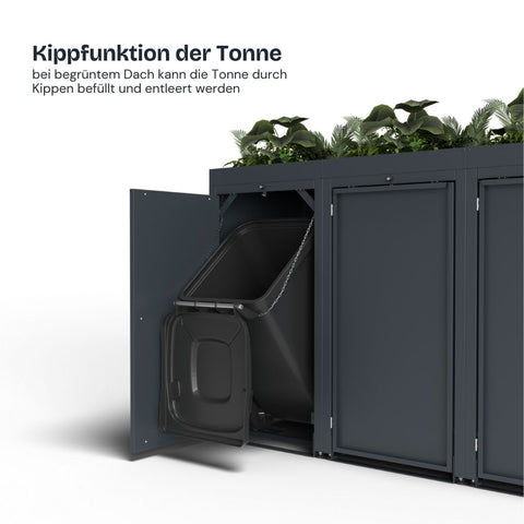 Mülltonnenbox von BIO Stefan mit Begrünung und Kippfunktion für einfache Entleerung.