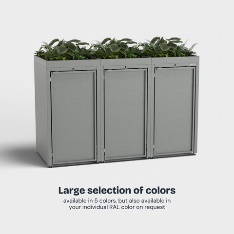 Stahlfred Waste garbage can box with planting roof, available in several colors.