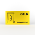 Gelber Hintergrund mit stilisierter Mülltonne, Text GELB, Logo BIO STEFAN.