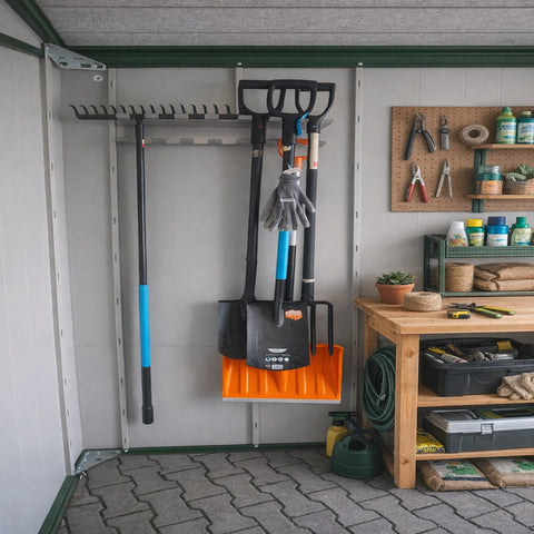 Lamellot Gartengerätehalter 50 cm mit Rechen, Schaufel und Besen im Gartenhaus