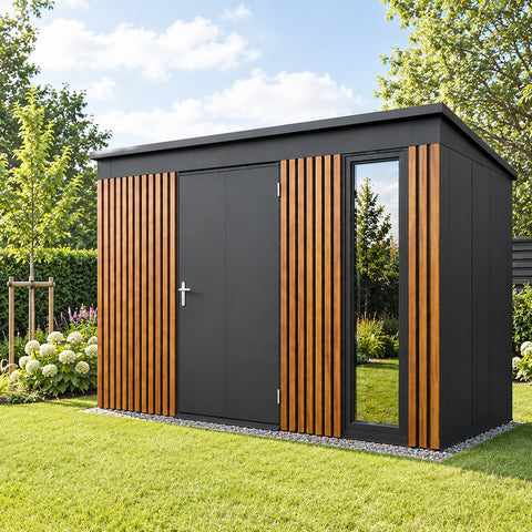 Lamellot Gartenhaus aus Metall mit Lamellen, 3,36 x 3,36 m, in Anthrazit RAL 7016 im Garten