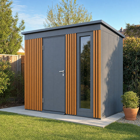 Lamellot Gartenhaus aus Metall mit Lamellen in Anthrazit RAL 7016 im Garten (Stimmungsbild)