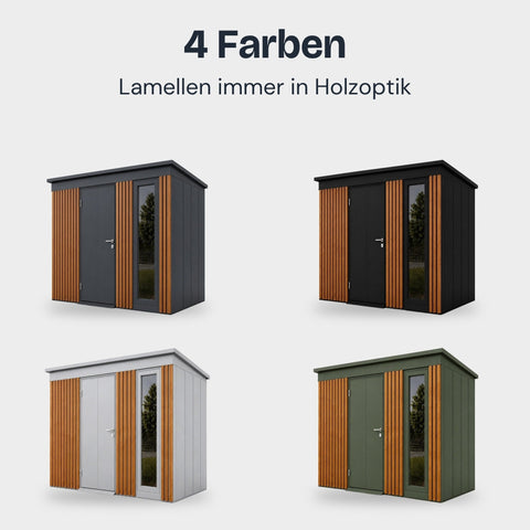 Lamellot Gartenhaus Metall in 4 Farben: Anthrazit, Schwarz, Silber und Grün, Lamellen immer in Holzoptik