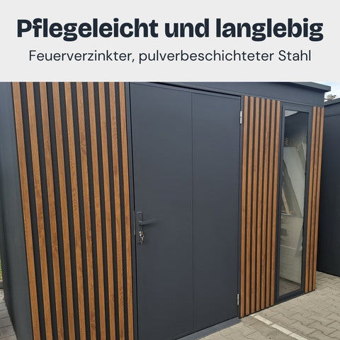 Lamellot Gartenhaus Metall: feuerverzinkter und pulverbeschichteter Stahl, pflegeleicht und langlebig