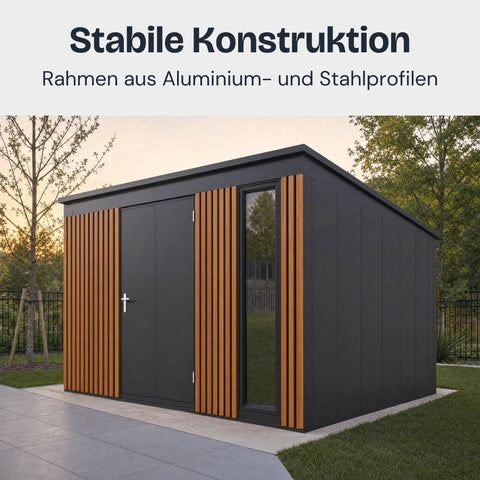 Lamellot Gartenhaus Metall: stabile Konstruktion aus Aluminium- und Stahlprofilen