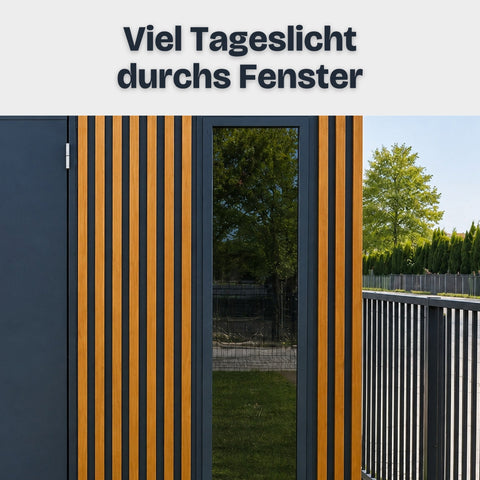 Lamellot Gartenhaus Metall: viel Tageslicht durch das senkrechte Polycarbonat-Fenster