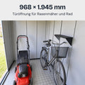 Lamellot Gartenhaus Metall: Türöffnung 968 × 1.945 mm, Rasenmäher und Fahrrad passen hinein