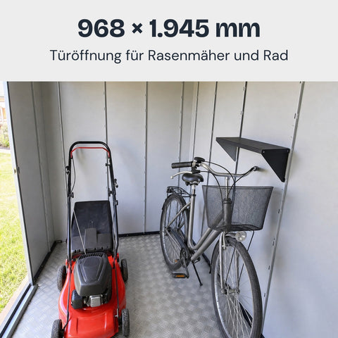 Lamellot Gartenhaus Metall: Türöffnung 968 × 1.945 mm, Rasenmäher und Fahrrad passen hinein