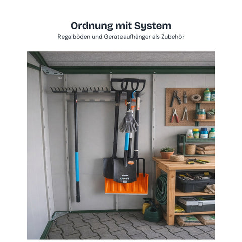 Lamellot Gartenhaus Metall: Regalböden und Geräteaufhänger als Zubehör