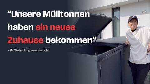 Eine lächelnde Frau steht neben einer geöffneten Bio Stefan Mülltonnenbox, Zitat daneben.